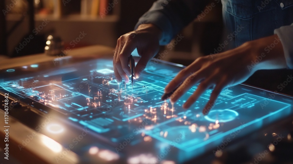 Poster hands interacting with futuristic holographic interface during installation process