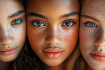 Three young women showing diversity and natural beauty