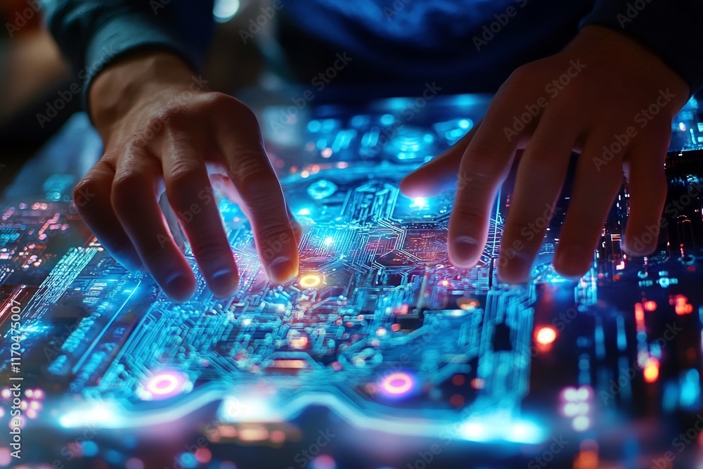 Poster close up of hands installing glowing high tech components on digital backdrop