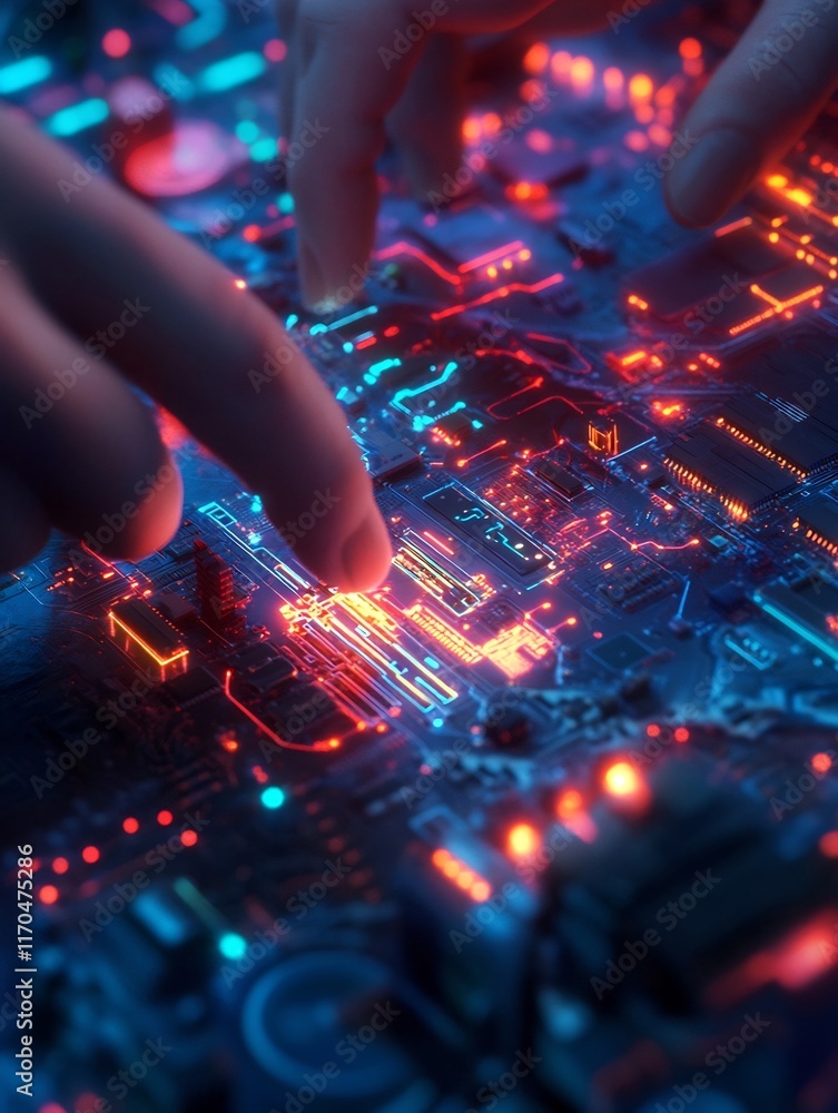 Aufkleber glowing circuitry and dynamic holographic visuals in an abstract technological installation