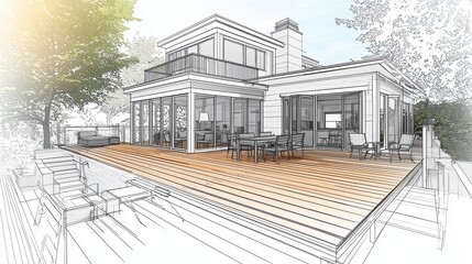 Architectural sketch of a home deck addition, featuring outdoor seating and detailed design elements.
