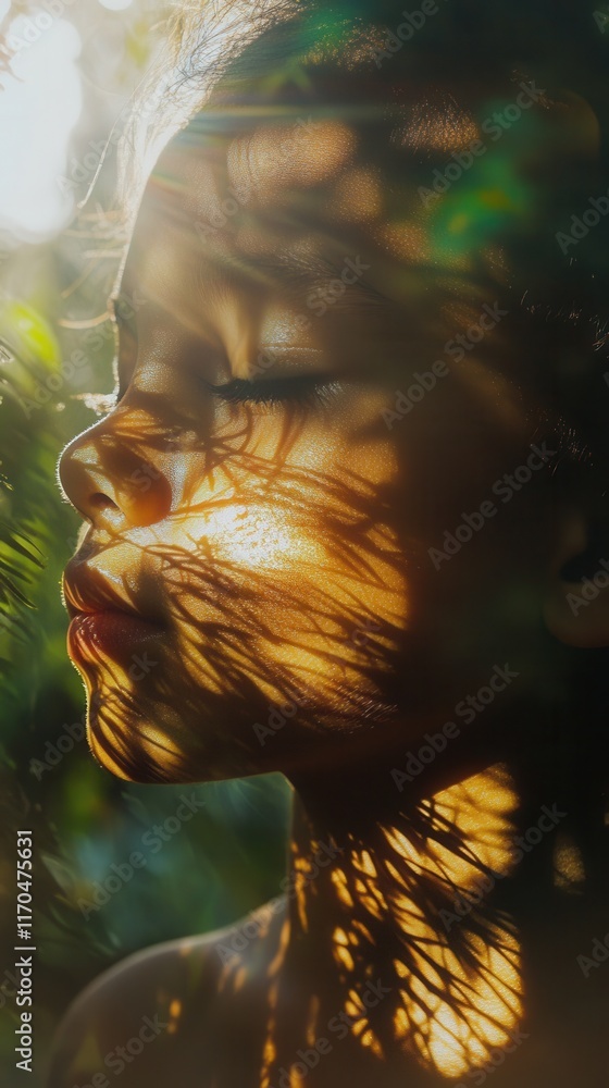 Poster vibrant visual of a child's face illuminated by sunlight with intricate shadows from foliage