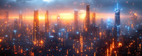 Futuristic Cyberpunk Cityscape Background with Glowing Lights and Modern Technology