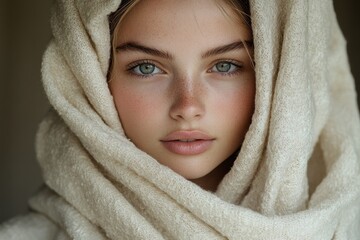 Asian Woman Beauty Image Skincare Body Care Relaxation Towel Natural Lighting Portrait