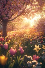 Obraz premium Field of Flowers with Tree