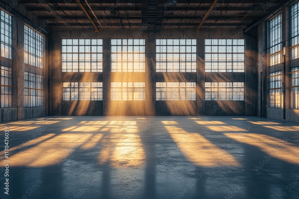 Poster sunlight illuminating empty industrial warehouse through large windows