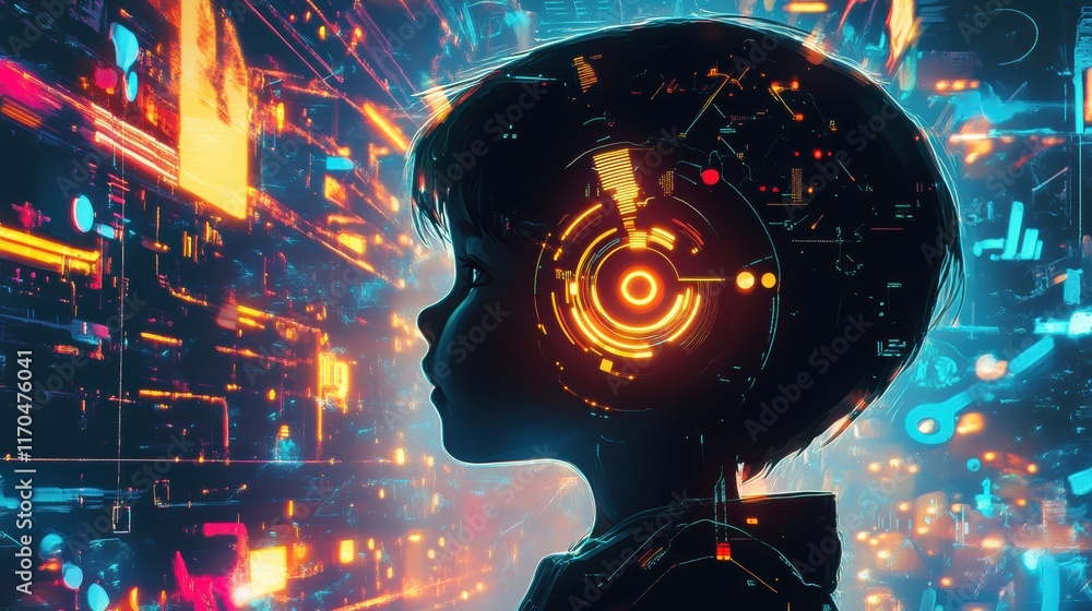 Poster vibrant visualization of a child glowing with futuristic elements in a digital environment