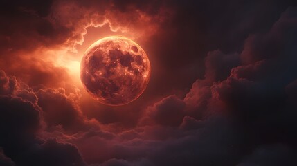 Crimson Moon Rising Through Fiery Cloudscape