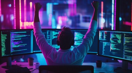Programmer celebrates coding success, arms raised in victory, surrounded by multiple monitors displaying lines of code in a vibrant, neon-lit room.