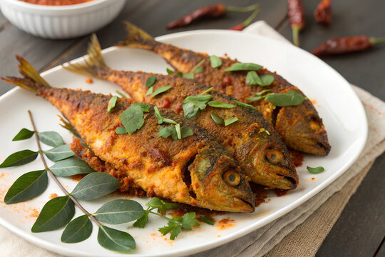 Crispy Indian spicy fish fry highlighted with fresh curry leaves on a white plate, presenting classic flavors and rich textures.