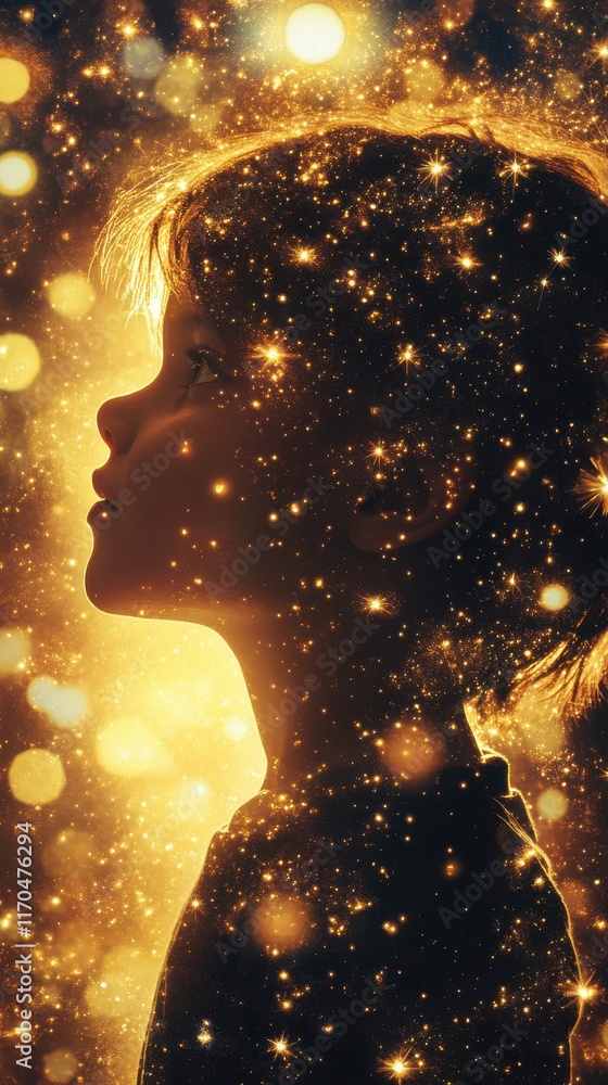 Aufkleber Vibrant visualization of a glowing child surrounded by sparkles in a dreamlike setting