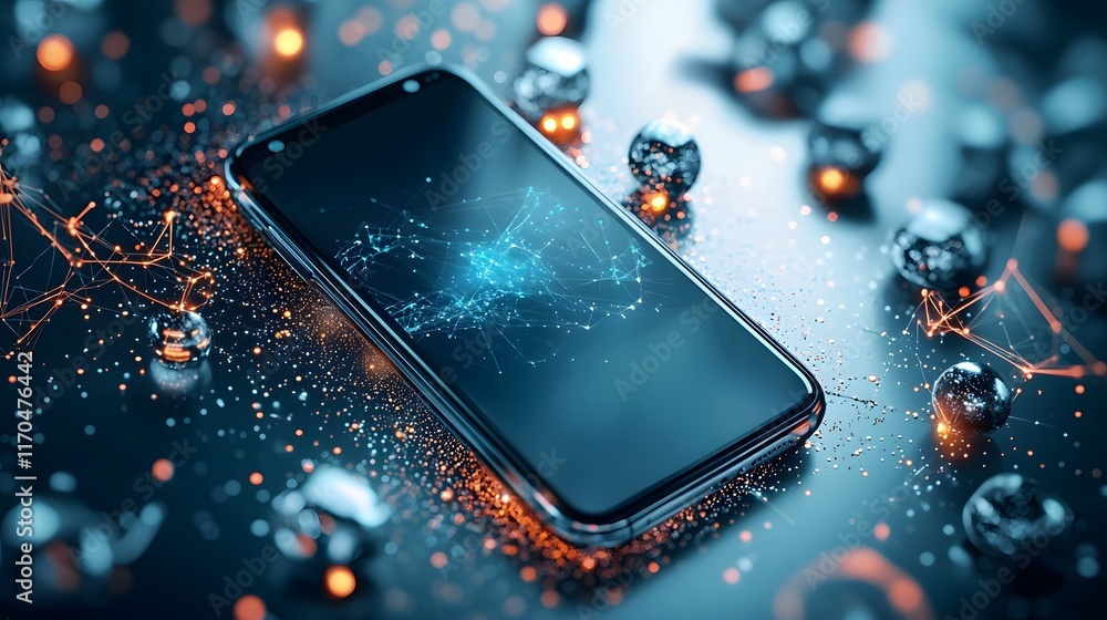 Poster futuristic smartphone surrounded by glowing quantum data streams emphasizing ultra fast processing p