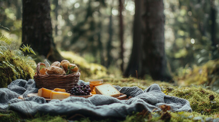 Obraz premium A Picnic Blanket Spread on Moss with Fresh Berries, Cheese, and Bread Surrounded by Towering Trees