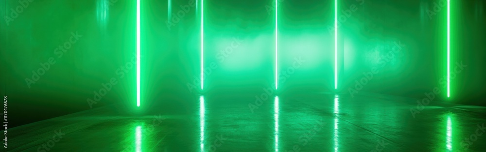 Poster vibrant green atmosphere created by neon lights casting unique reflections on a polished surface at 