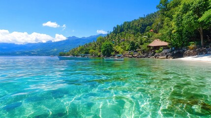 Fototapeta premium Breathtaking Tropical Beach with Crystal Clear Water and Lush Green Landscape under Blue Sky