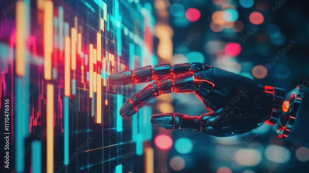 Poster vibrant double exposure of ai-driven technology interacting with digital data visualization