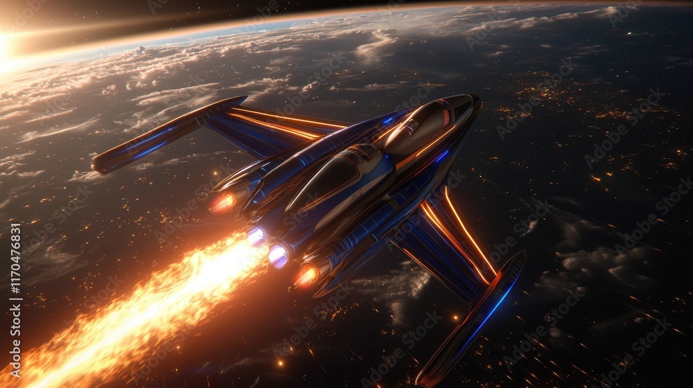 Aufkleber futuristic spaceship launching into orbit earth background science fiction scene outer space dynamic