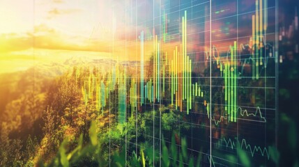 Fototapeta premium Vibrant double exposure blending financial charts with a serene landscape at sunset