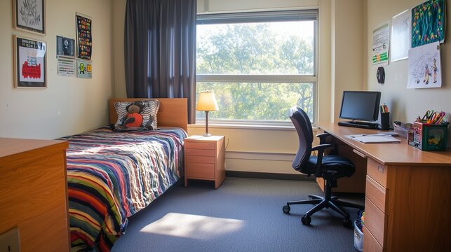 Cozy dorm room with bed, desk, and personal decor symbolizes college life and student independence.