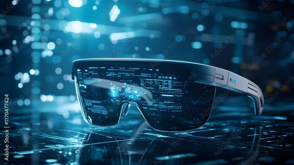 Poster cutting edge futuristic smart glasses powered by quantum computing projecting advanced holographic d