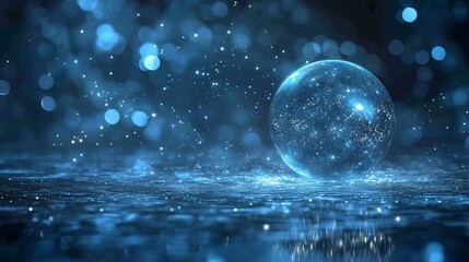 Crystal sphere, dark, glowing, blue bokeh background
