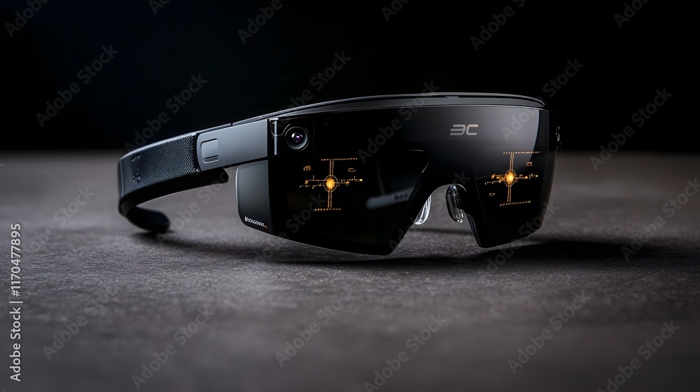 Poster futuristic smart glasses with integrated quantum computing technology displaying real time qubit sim