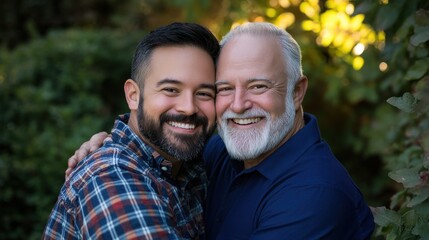 Fototapeta premium Emotional family portrait capturing a younger man embracing his father in a lush garden setting amidst warm sunlight