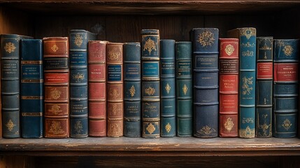 Naklejka premium Antique Books Line Shelf Wooden Background