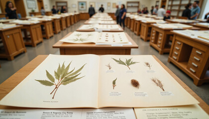 Detailed herbarium sheets displayed for botanical research, scientific study