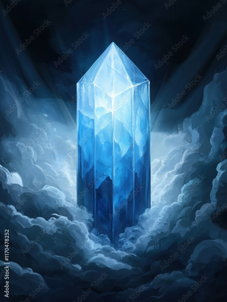 Poster mystical floating tower of translucent crystal in ethereal cloud surroundings