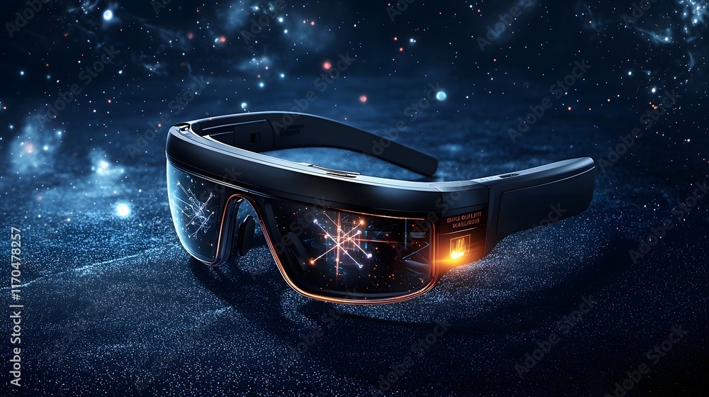 Poster innovative smart glasses powered by quantum computing displaying real time qubit simulations and enh