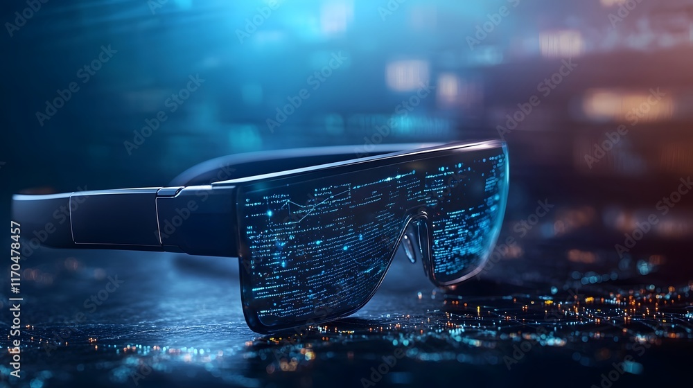 Poster Futuristic smart glasses utilizing quantum computing technology for advanced predictive analytics with glowing overlays of data streams and visualizations