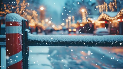 Snow-covered barricade in festive street; symbolizes event security in winter.
