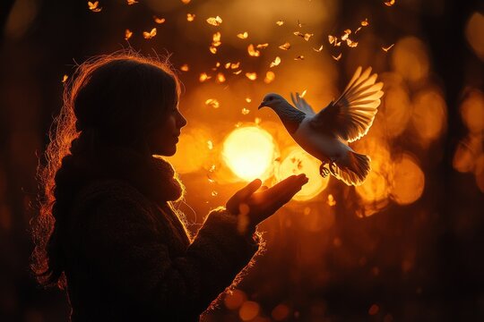 Woman Kneeling in Prayer at Sunset as a Dove Represents Divine Grace and Peace in Faith Worship