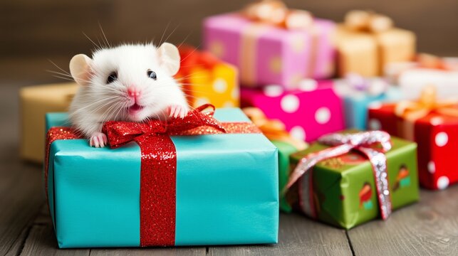 Ratoncito perez white mouse peeking out of gift box with colorful presents