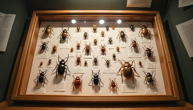 Preserved insect collection illuminated in educational display, curiosity