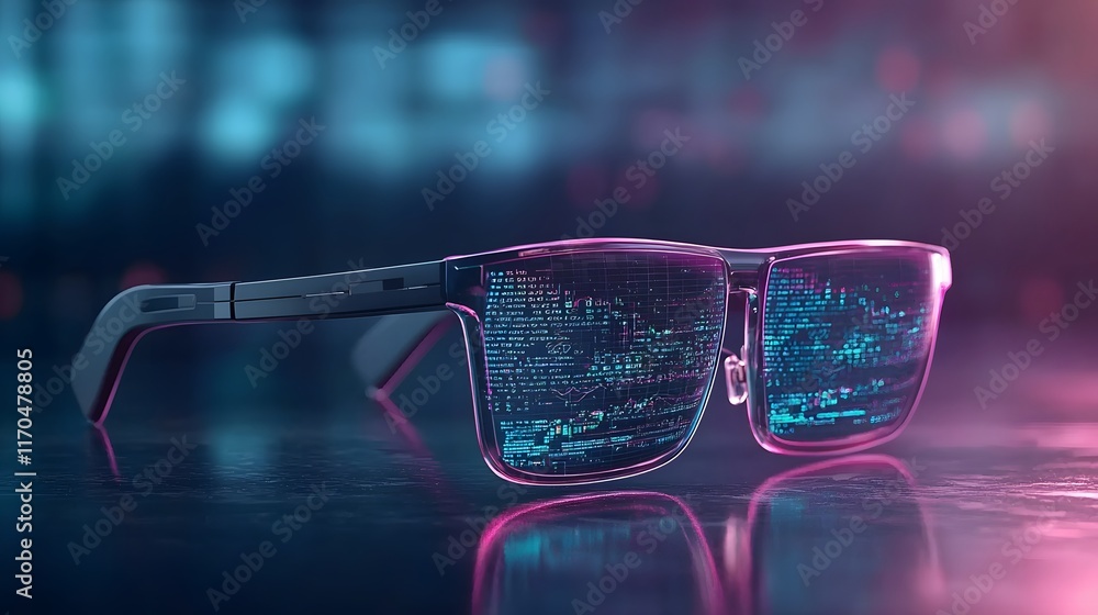 Poster futuristic smart glasses utilizing quantum computing to power predictive analytics with glowing over