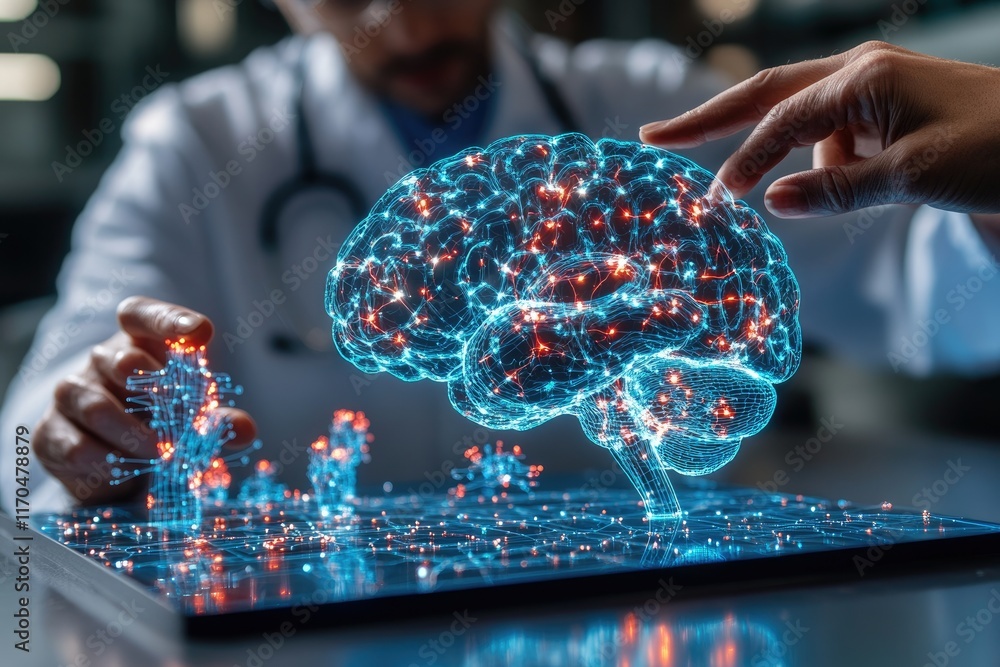 Poster doctors studying hologram of human brain in futuristic laboratory setting