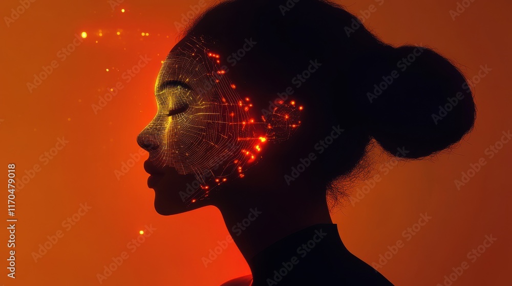 Aufkleber Surreal silhouette of a woman illuminated by glowing patterns against an orange background