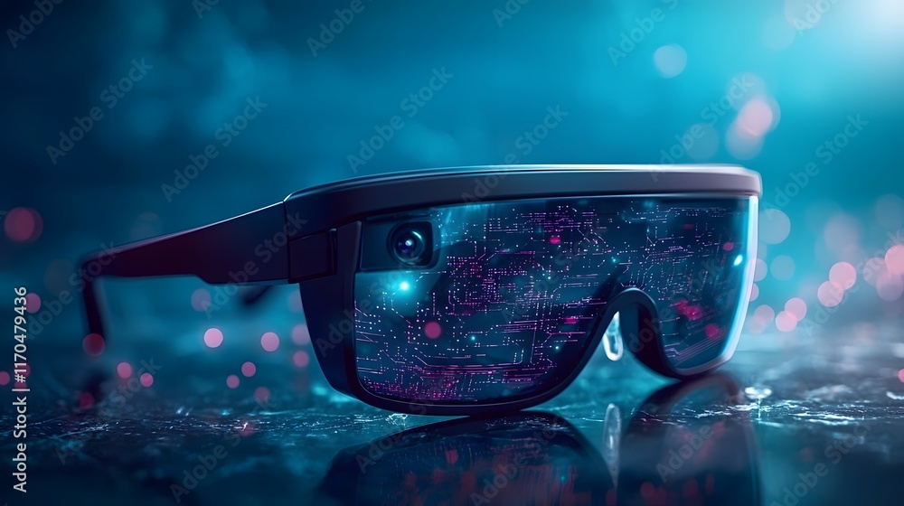 Poster quantum enhanced smart glasses featuring dynamic projections and glowing circuits a futuristic visua