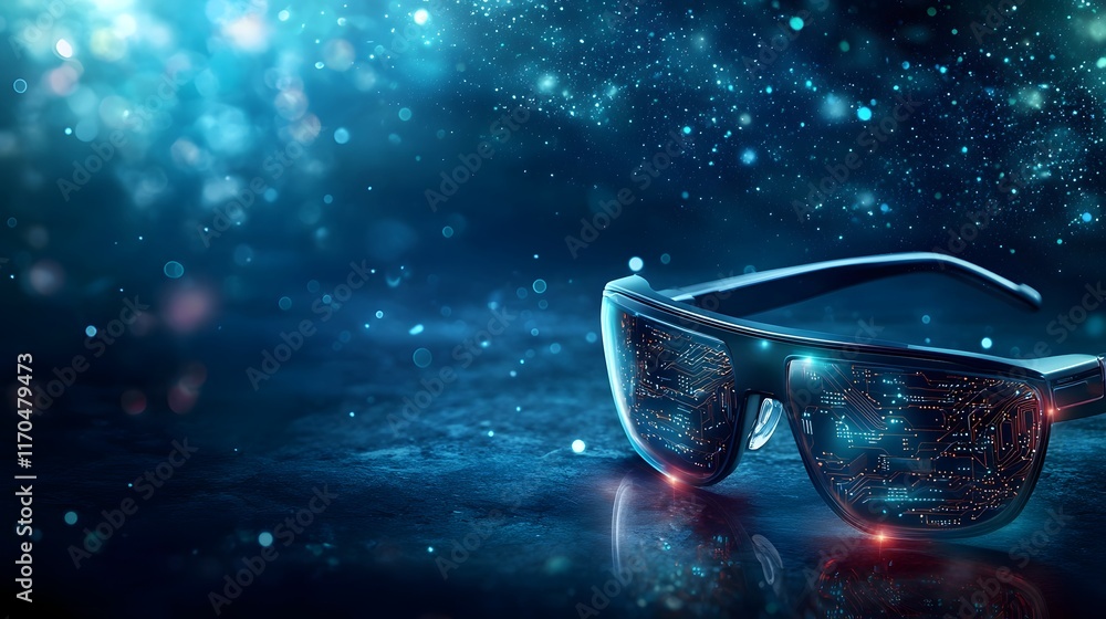 Aufkleber quantum enhanced smart glasses featuring glowing circuits and dynamic projections leaving copy space
