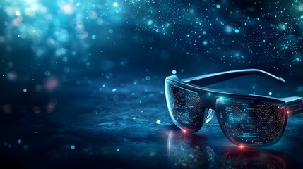 Quantum Enhanced Smart Glasses Featuring Glowing Circuits and Dynamic Projections Leaving Copy Space at the Top for Conceptual Imagery