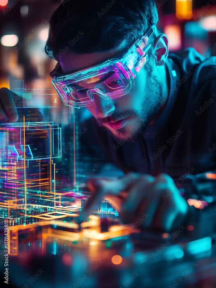 Poster professional installing advanced technology with glowing components and holographic light trails