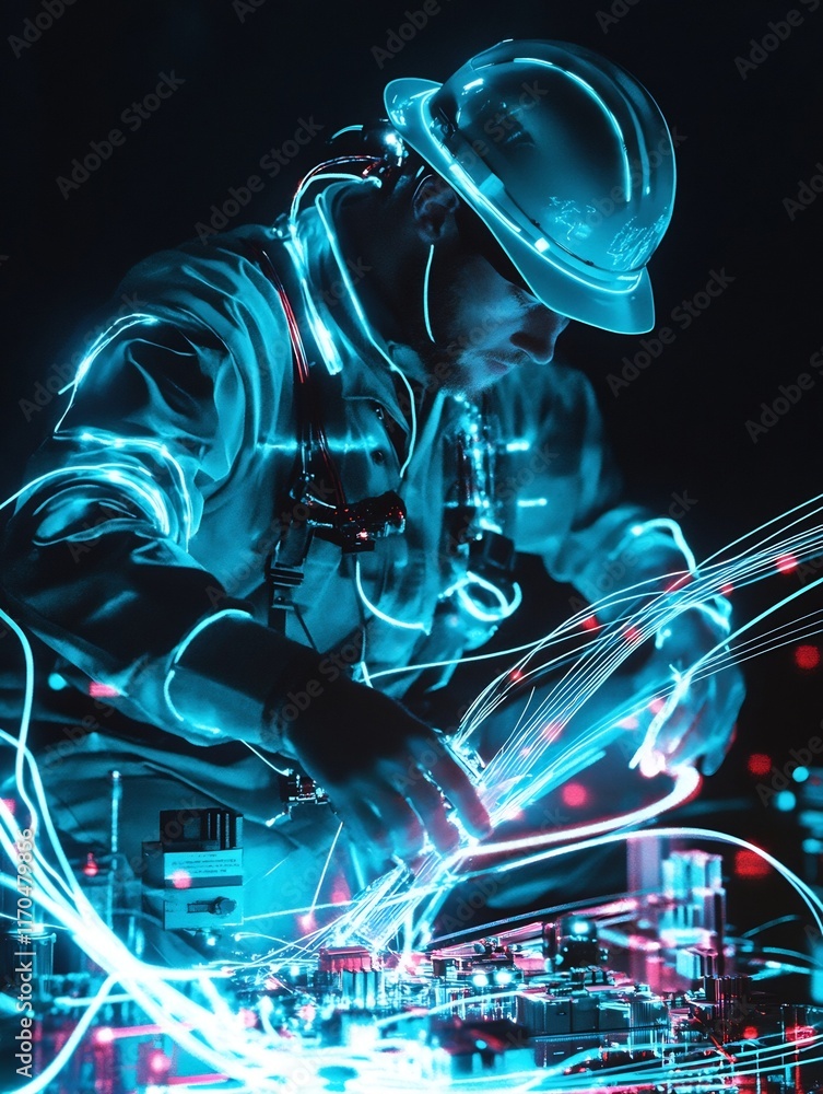 Poster professional installing advanced futuristic technology with glowing components and holographic