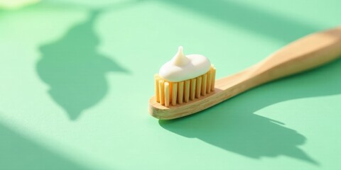 Bamboo toothbrush with a dollop of paste in sunlight