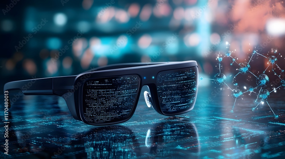 Poster a pair of sleek futuristic smart glasses surrounded by flowing quantum data streams showcasing ultra