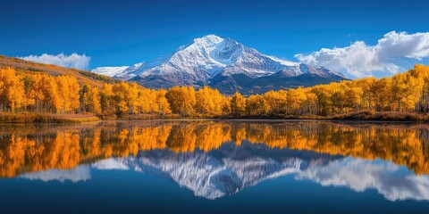 Fototapeta premium Colorful autumn trees reflecting in a lake with snowy mountains in the background
