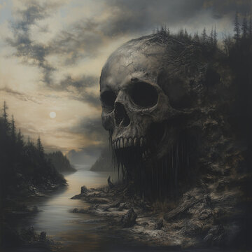 A dark, eerie shot of a skull emerging from a shadowy forest, creating a mysterious and haunting atmosphere.