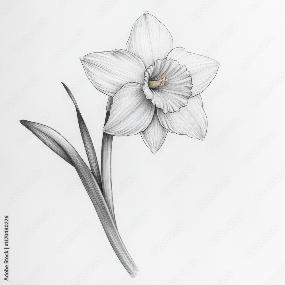 Poster Delicate sketch of a single daffodil with a graceful curve in its stem and intricate petal details on a plain background