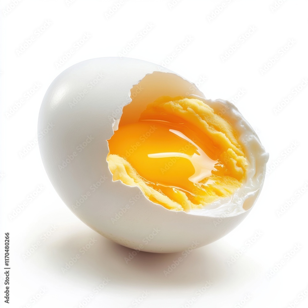 Poster boiled egg with shell removed showcasing bright yellow yolk on white background